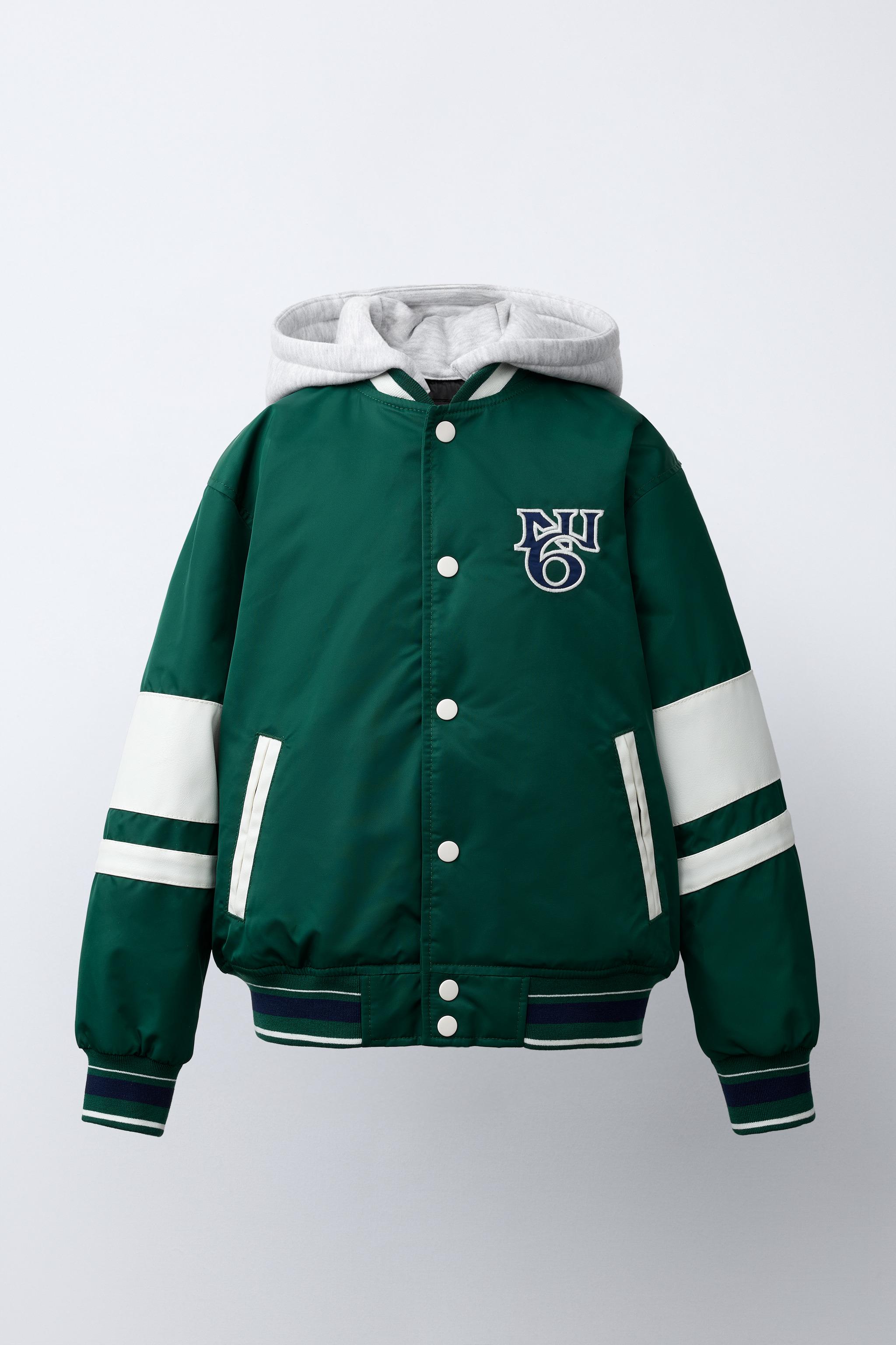 BLOUSON BOMBER EN NYLON AVEC INSCRIPTION ET CAPUCHE AMOVIBLE
